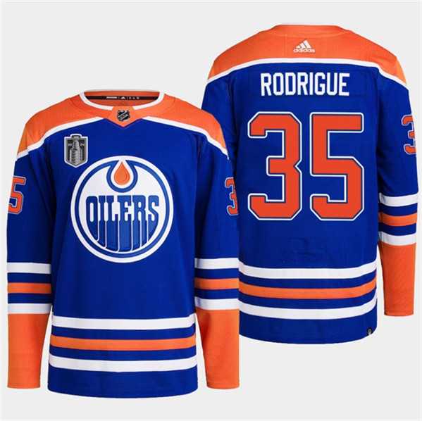 Mens Edmonton Oilers #35 Olivier Rodrigue Royal 2024 Stanley Cup Final Patch Stitched Jersey Dzhi